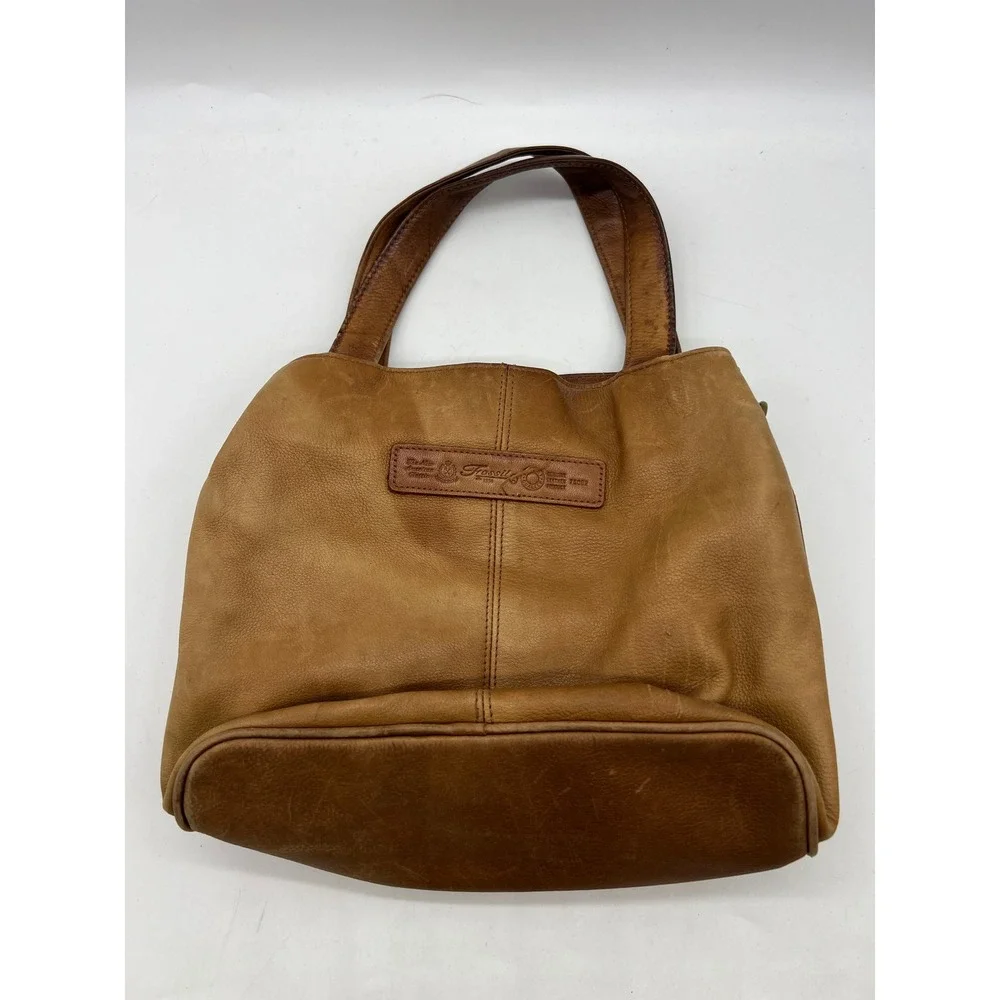 Boho Y2K Fossil Genuine Leather Handbag Satchel Tan Cognac minimalist, everday - Picture 6 of 12